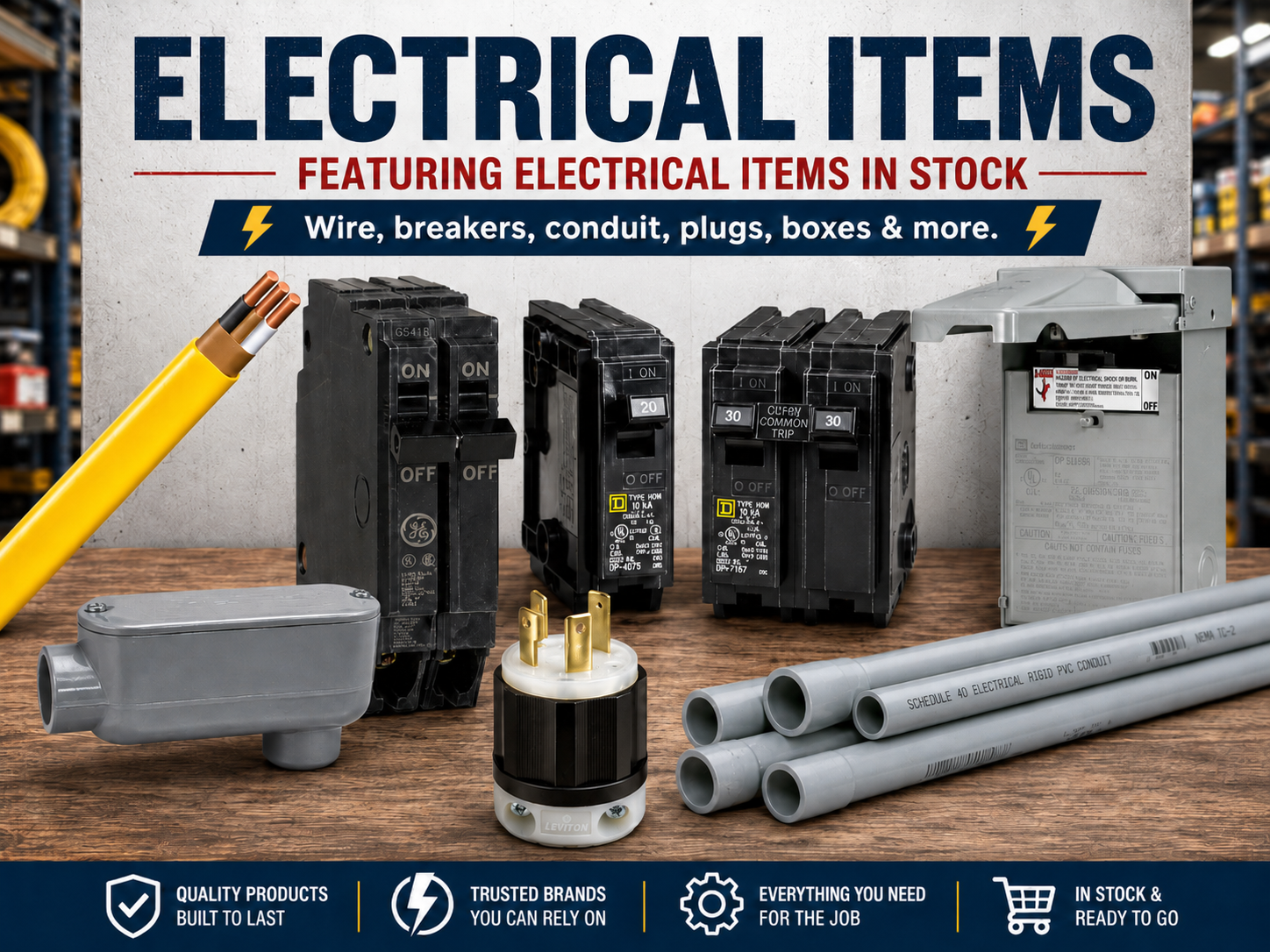 Electrical items including wire, breakers, conduit, plugs, boxes, and panels
