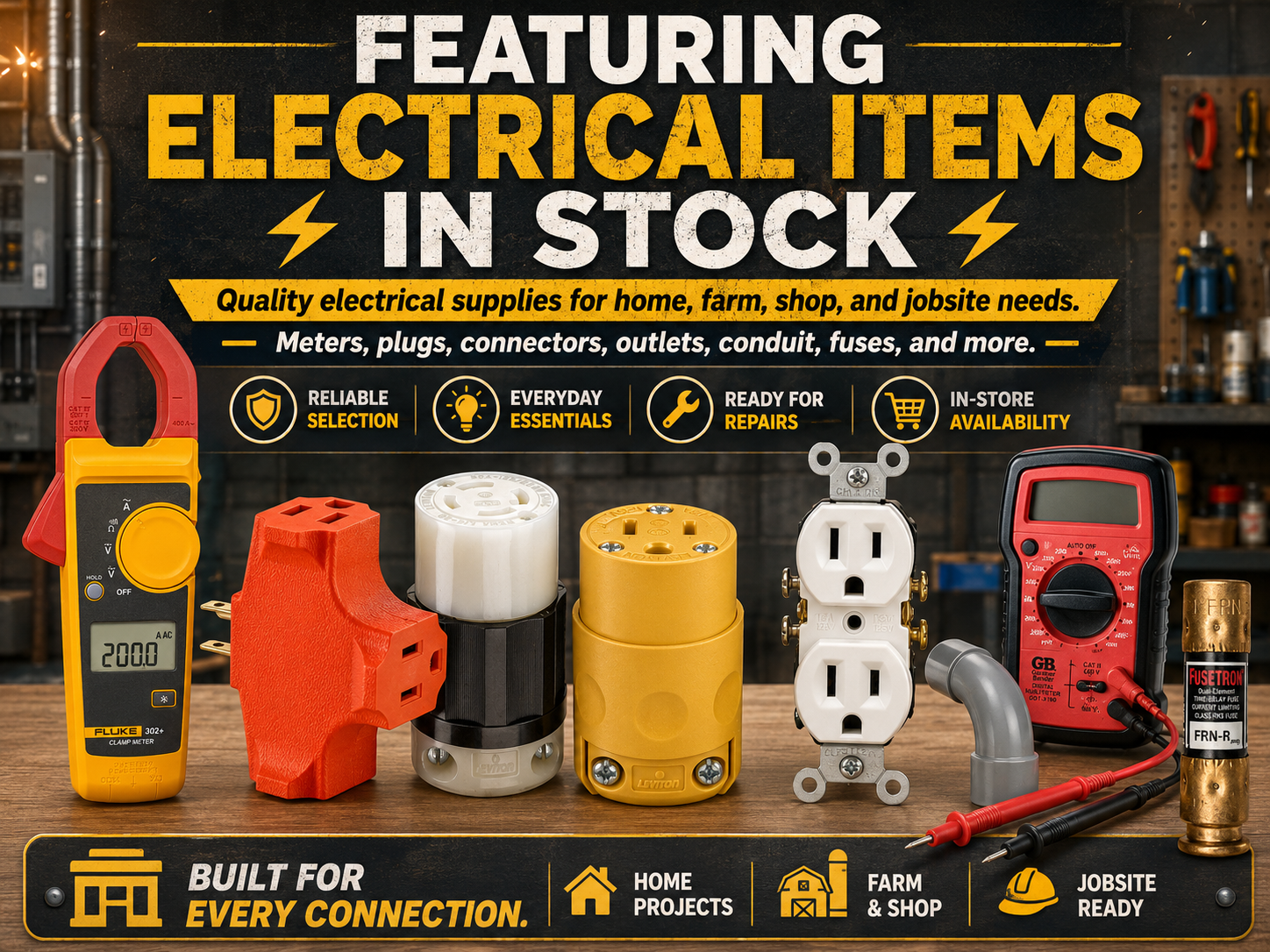 Meters, plugs, connectors, outlets, conduit, fuses, and electrical repair items
