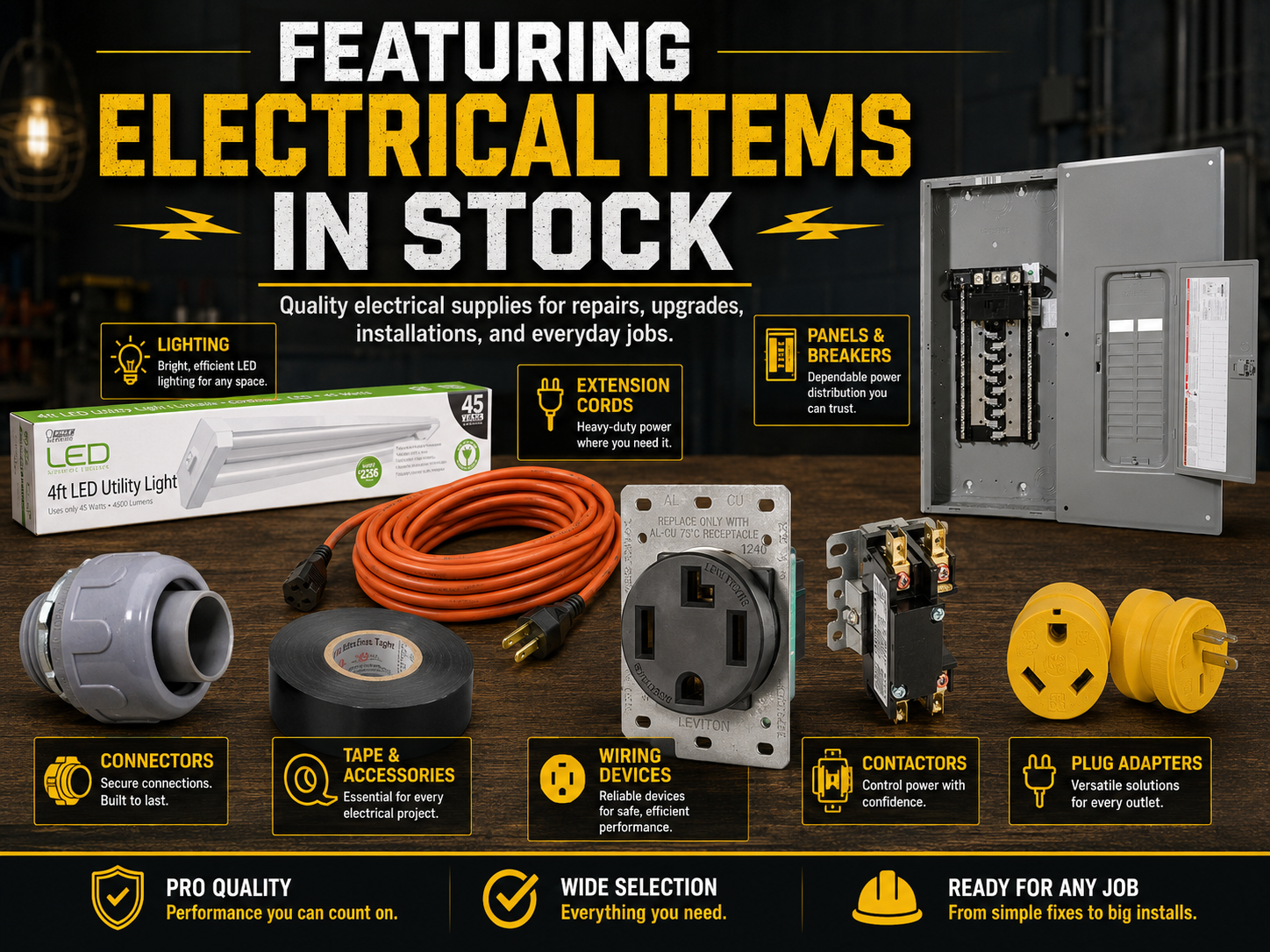 Lighting, extension cords, panels, breakers, contactors, plug adapters, and electrical devices