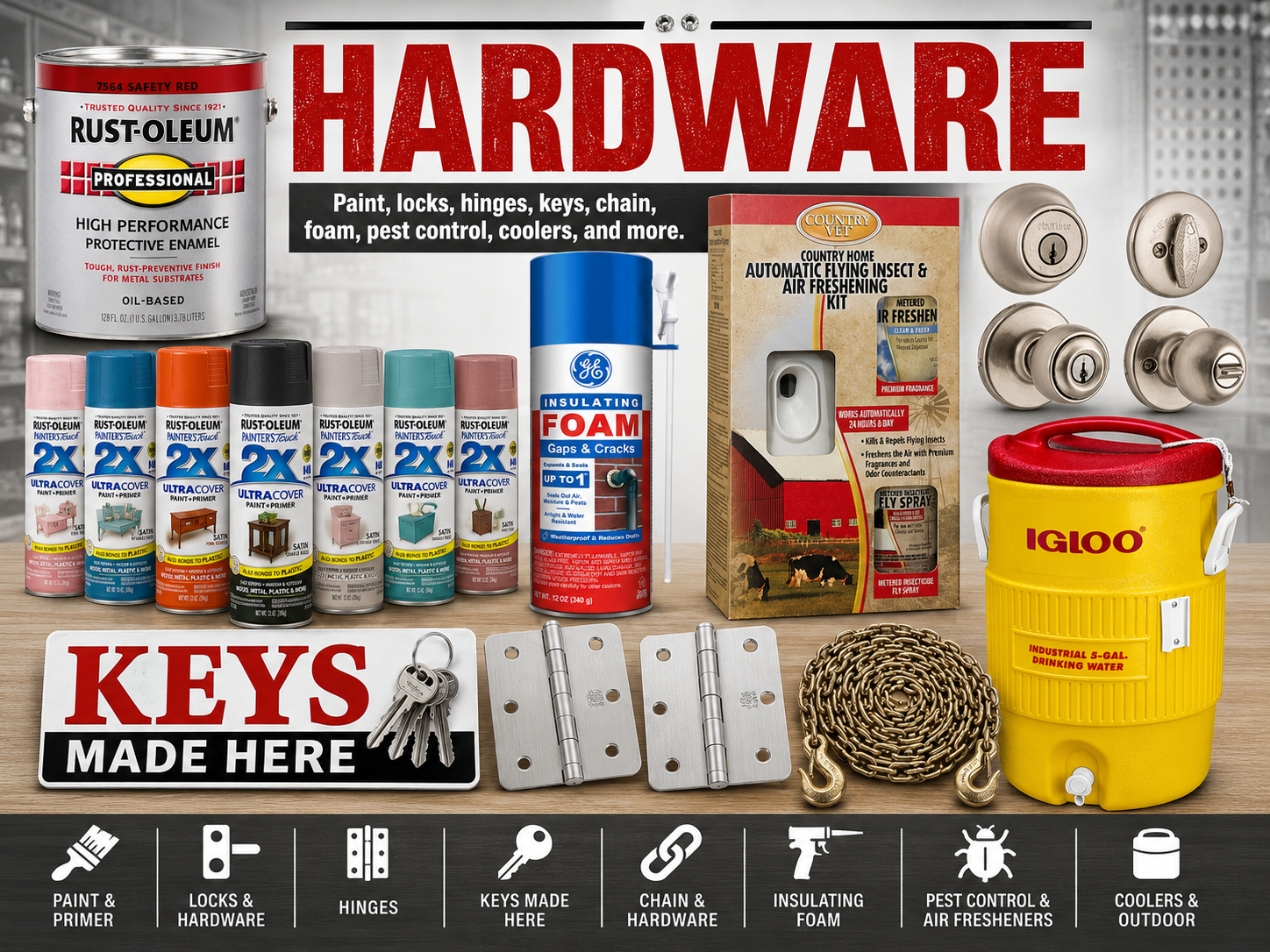 Hardware items including paint, locks, hinges, keys, chain, foam, pest control, and coolers