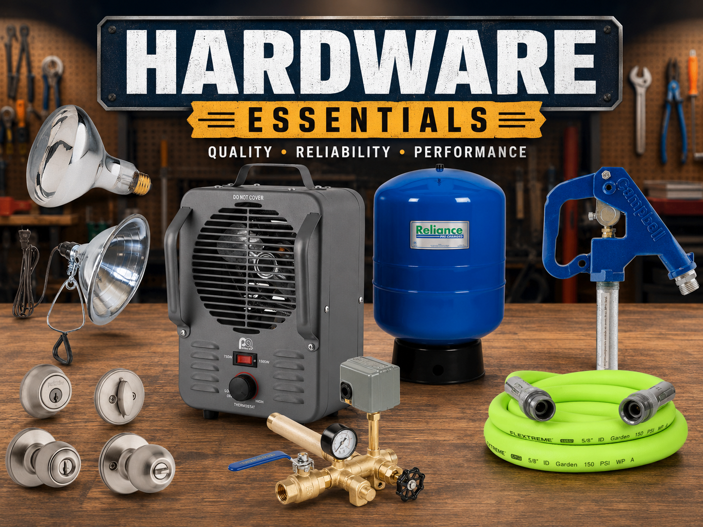 Hardware essentials with shop heater, locks, water tank, sprinkler, hose, and plumbing controls