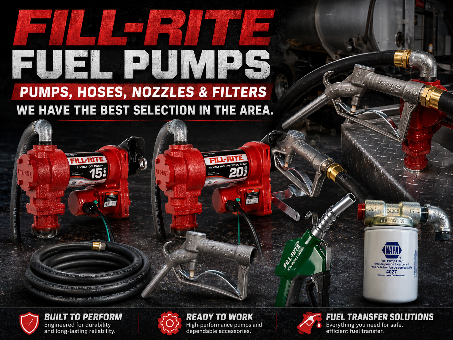 Fill-Rite fuel pumps, hoses, nozzles, and filters
